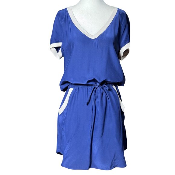 Amanda Uprichard Womens Dress Sz L Blue White 100% Silk Drawstring V-neck Mini - Picture 2 of 9